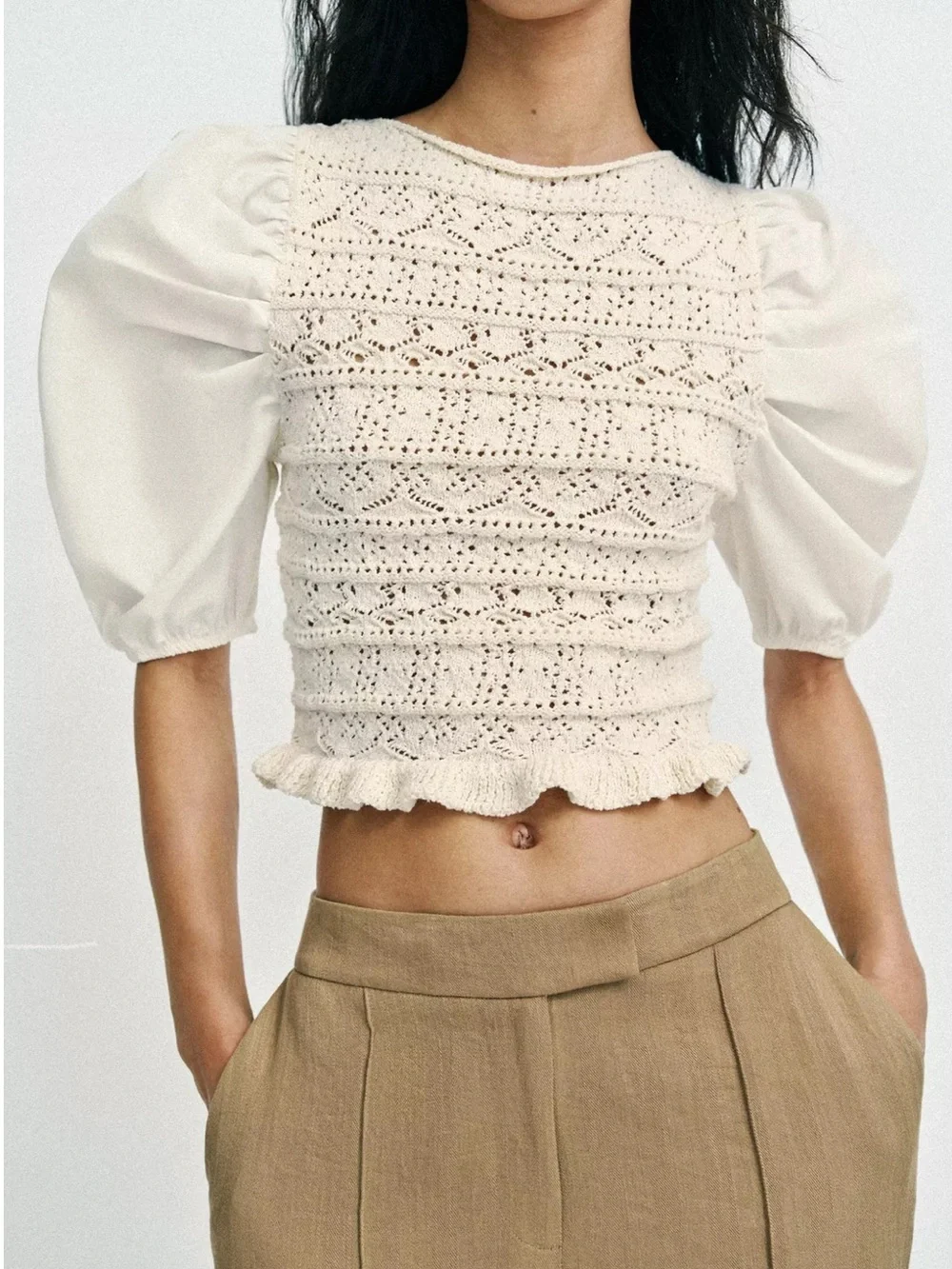 Zara Cream Crochet Puff-Sleeve Crop Top